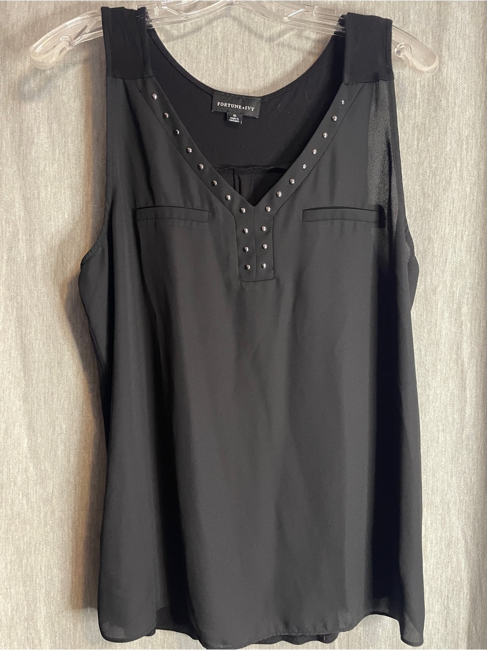 Fortune + Ivy Black Stud-Trim V-Neck Sleeveless Tank